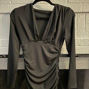 GOBLES Women's Sexy Long Sleeve V Neck Ruched Bodycon Mini Party Cocktail Dress